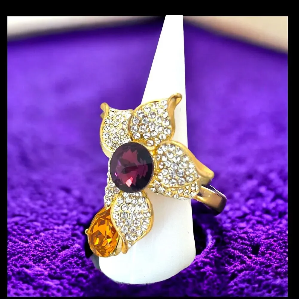 New Crystal Floral Statement Ring Rivoli Orange Drop Gold Tone Size 7.75 - 5T